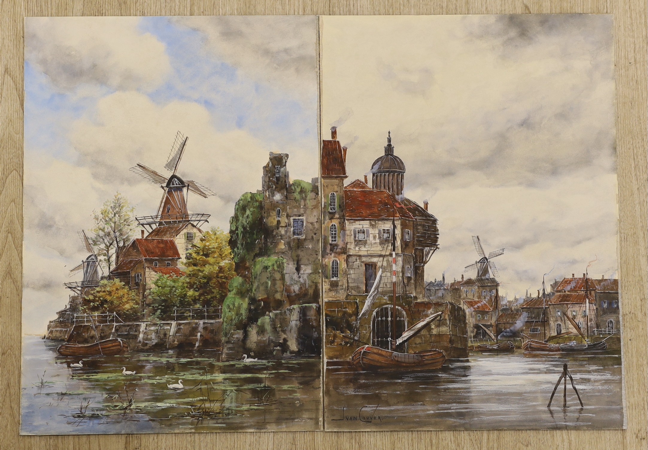 Jan Van Couver (1836-1909), oil on board, topographical view of Dutch canal town, signed, 53 x 38cm, together with a Johannes Hermanus Koekkoek (1778-1851), oil on board, Windmill by a canal, both 53 x 38cm